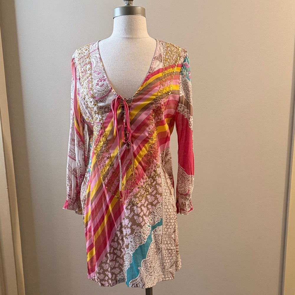 Pink Multi-Print V-Neck Tie-Front Swim Coverup
